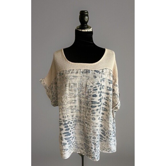 Lungo L'arno Beige Linen Blouse Snakeskin Print Artsy Boho Lagenlook Size 2X - Picture 1 of 10